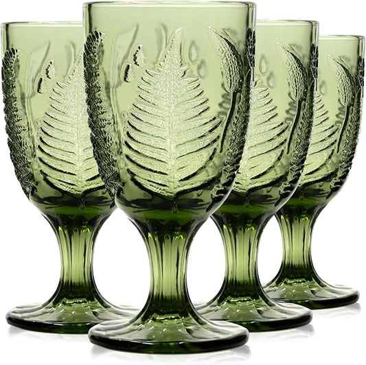 Green Glass Goblets Set of 4, 10 oz Stemmed Wine Glasses, Handcrafted Vintage Green Glassware, Fern Embossed Colored Stemware, Boho Aesthetic Textured Drinkware, Retro Home Decor Christmas Gift Set