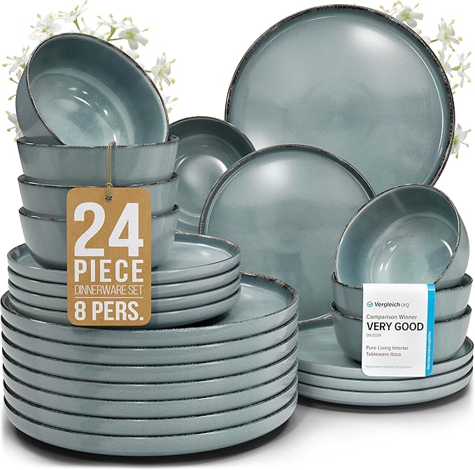 Stoneware dinnerware set 8 persons Rustic 24 pcs - Rustic design dinnerware set, dishwasher safe - Bowl and plate set - Pure Living dinnerware in smoky blue…