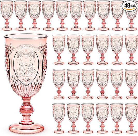48 Pcs Plastic Goblets 7.5oz Vintage Goblet Plastic Wine Glasses Colored Retro Embossed Water Goblets for Wine Bar Juice Baby Shower Wedding Reception Grand Event Party (Pink)