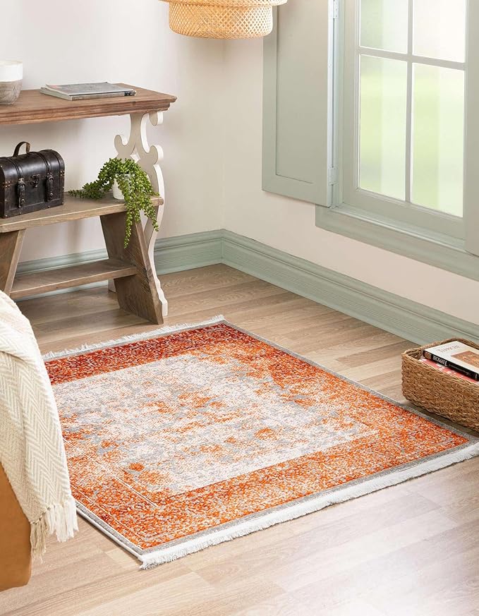 Unique Loom Traditional Classic Intricate Design Distressed Vintage Detail, Area Rug, 4' 0" x 4' 0", Terracotta/Gray