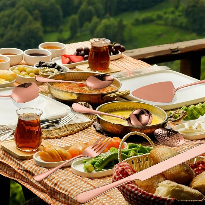 Copper Serving Utensils Set - Rose Gold Stainless Steel Flatware Set 11- Pieces Cake Knife Serving Fork Spoon Skimmer Pasta Ladle Spatula Perfect for Home Kitchen and Special Occasions