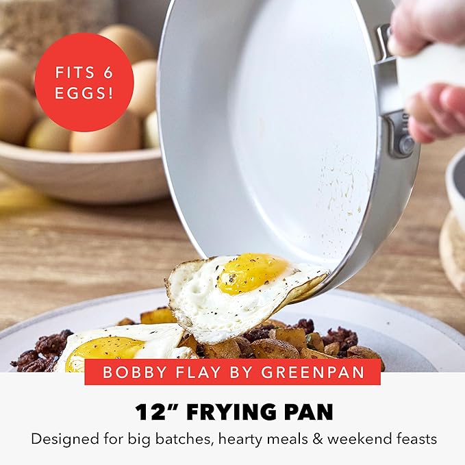 GreenPan x Bobby Flay 12" Nonstick Frying Pan Skillet, PFAS-Free Diamond Ceramic, Induction Suitable, Stay-Cool Silicone Handle, Easy Clean Dishwasher & Oven Safe, Egg & Omelet Pan, Cream