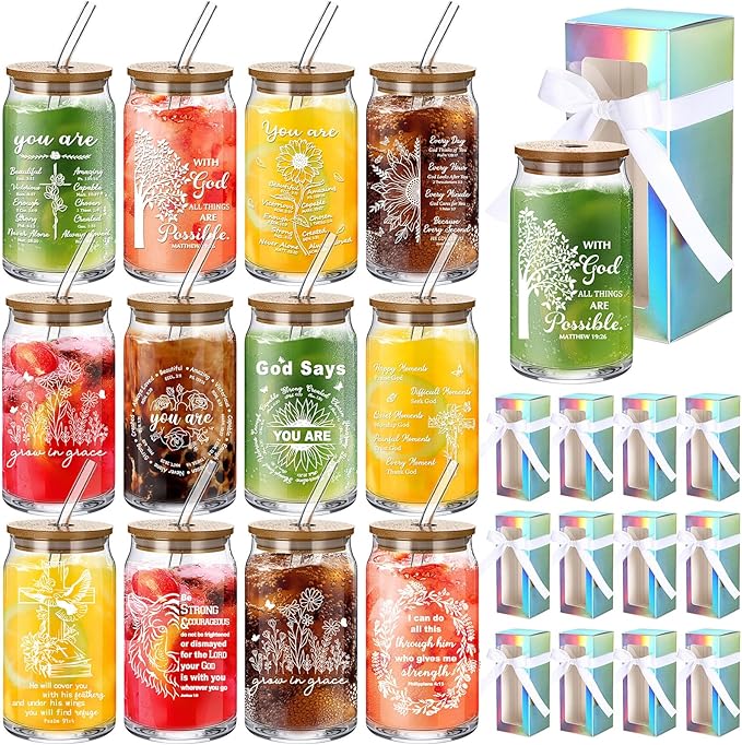 Layhit 12 Set Christian Glass Cups for Women Faith Church Christmas Religious Gifts 16 oz Glass Inspirational Bible Verse Coffee Cups with Lids Straws Brushes Gift Boxes for Church Birthday