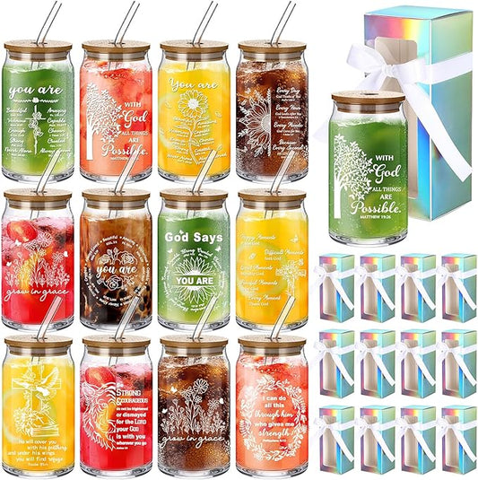 Layhit 12 Set Christian Glass Cups for Women Faith Church Christmas Religious Gifts 16 oz Glass Inspirational Bible Verse Coffee Cups with Lids Straws Brushes Gift Boxes for Church Birthday