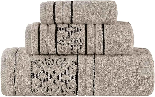 Superior Cotton 3 Piece Towel Set, Includes 1 Bath, 1 Hand, 1 Washcloth/Face Towel, Quick Dry, Home Essentials, Shower, Spa, Luxury Plush Soft Absorbent Towels, Zero Twist, Jacquard Floral, Stone