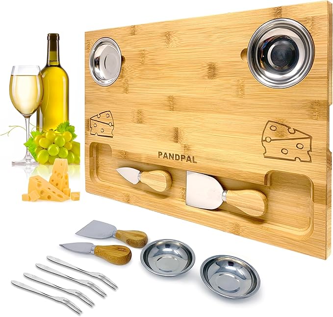 Bamboo Cheese Board with Knives & Bowls - Extra Large Wooden Cutting Board Platter for Wine & Charcuterie