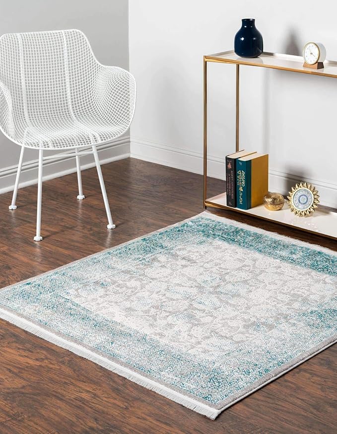 Unique Loom New Classical Collection Traditional Classic Intricate Design with Distressed Vintage Detail, Area Rug (4' 0 x 4' 0 Square, Blue/ Gray)