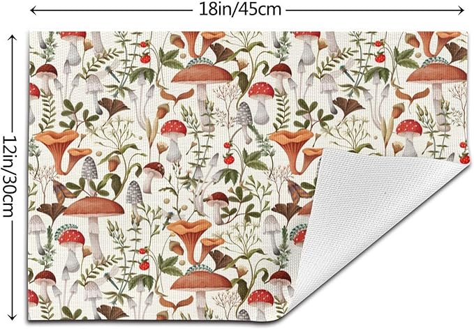 Boho Mushroom Decor Placemats Set of 4, Botanic Plant Beige Table Mats Heat Resistant Washable Placemat for Kitchen Dining Table Cute Placemats Linen 12x18 Inch