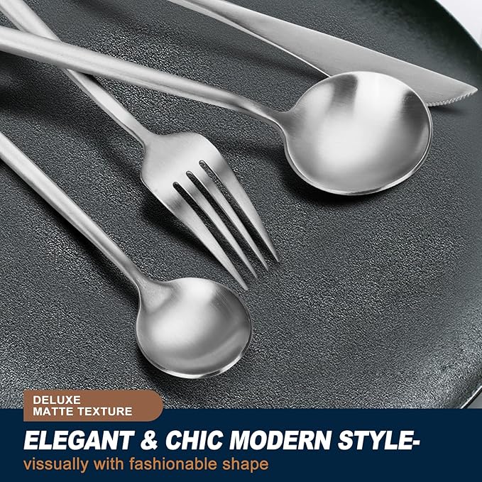 EUIRIO 48-Piece Matte Silverware Set with Steak Knives, Flatware Set for 8, Stainless Steel Forks and Spoons Silverware Sets, Satin Finish, Dishwasher Safe Cutlery Utensils Set