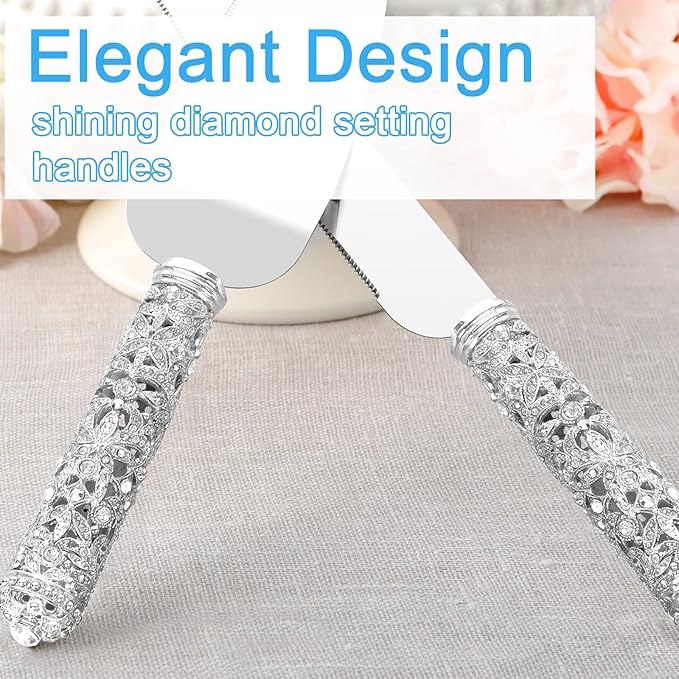 Wedding Cake Knife and Server Set - 2 Piece Dessert Set Metal Handle with Crystal Stones Decoration for Wedding, Anniversary Party Birthday Banquets and Gifts for Bride and Groom