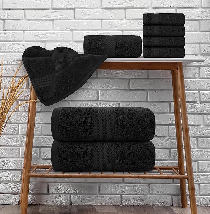 White Classic Luxury Bath Towel Set of 8 Pieces - 100% Turkish Cotton Highly Absorbent Towels for Bathroom, 2 Luxury Bath Towels 700GSM, 2 Hand Towels, 4 Washcloths, Black