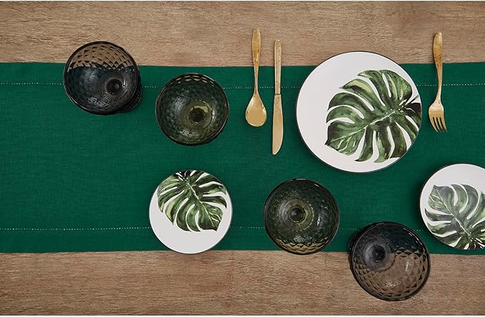 Solino Home Linen Rainforest Green Table Runner 156 Inches Long - 100% Pure Linen Extra Long Table Runner 14 x 156 Inch for New Year - Classic Hemstitch
