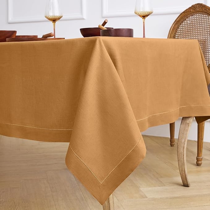 Solino Home Brown Sugar Linen Tablecloth 60 x 90 Inch - Classic Hemstitch, 100% Pure Linen Rectangular Tablecloth - Machine Washable Table Cloth