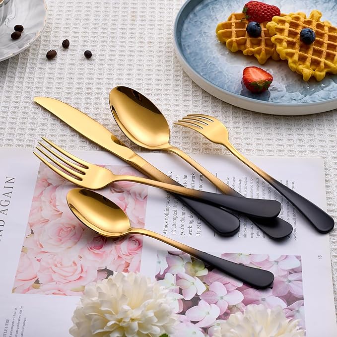 20 Piece Black Gold 18/0 Flatware Utensil Set for 4, Include Dinner Knife,Dinner Forks,Dinner Spoons,Salad Forks,Teaspoons,Silverware Set for 4, Dishwasher Safe