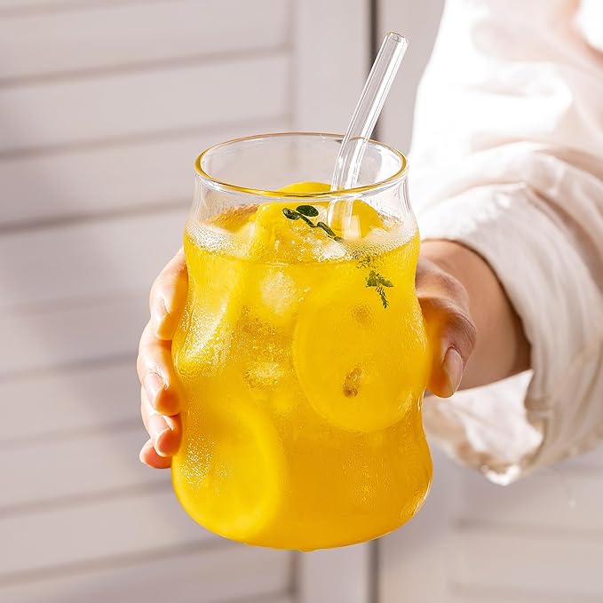 2 Pcs Ribbed Glass Cups Set with Straws 18 Oz Vintage Drinking Glassware Ripple Cocktail Glasses for Iced Coffee Soda Tea Juice Beverage Milk Reusable Tumblers