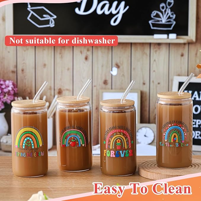 4 Pcs 16 oz Christmas Teacher Gifts for Women Teacher Appreciation Gifts Thank You Coffee Cup Tumbler Drinking Glass Beer Cups with Bamboo Lids Glass Straw Cleaning Brush for Employee Staff(Peppy)
