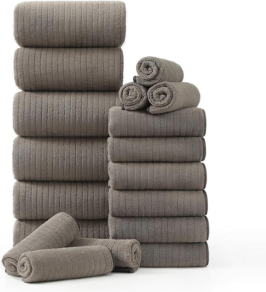 18 Piece Family Bath Towel Set Include 6 Bath Towels,6 Hand Towels and 6 Washcloths Soft Bathroom Towel with Hanging Loops,Highly Absorbent Quick Dry Towels Set for Bathroom,Hotel and Spa-Brown