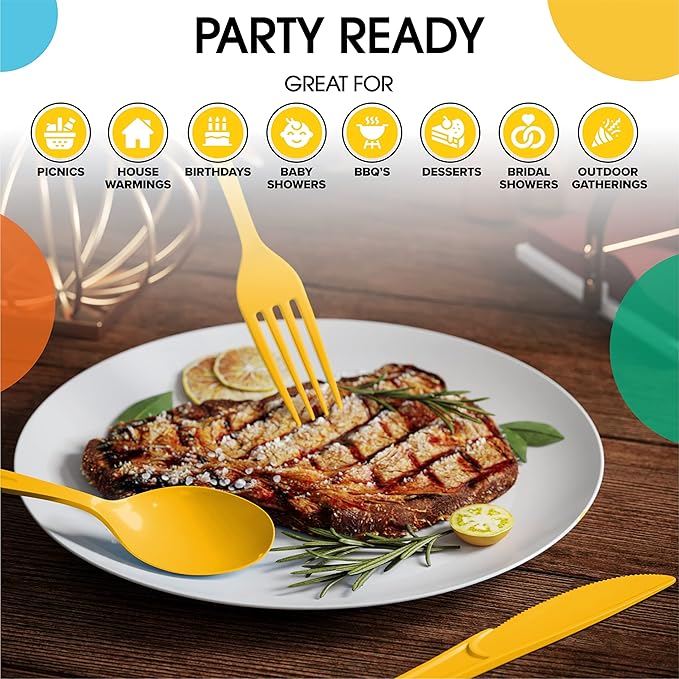 Party Solids Yellow Plastic Forks 200 Pieces Yellow Forks Disposable Utensils Heavy Duty Plastic Cutlery Set Disposable Cutlery Sets Flatware Sets Silverware Set Party Supplies & Party Tableware