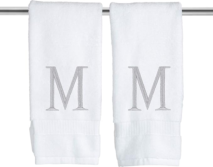 Monogrammed Hand Towels for Bathroom - Luxury Hotel Quality Personalized Initial Decorative Embroidered Bath Towel for Powder Room, Spa - GOTS Organic Certified - Set of 2 Letter M