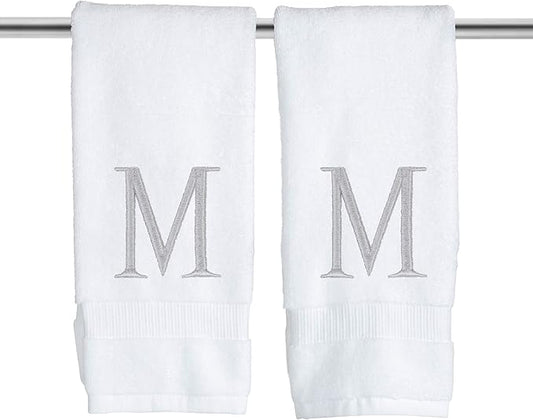 Monogrammed Hand Towels for Bathroom - Luxury Hotel Quality Personalized Initial Decorative Embroidered Bath Towel for Powder Room, Spa - GOTS Organic Certified - Set of 2 Letter M