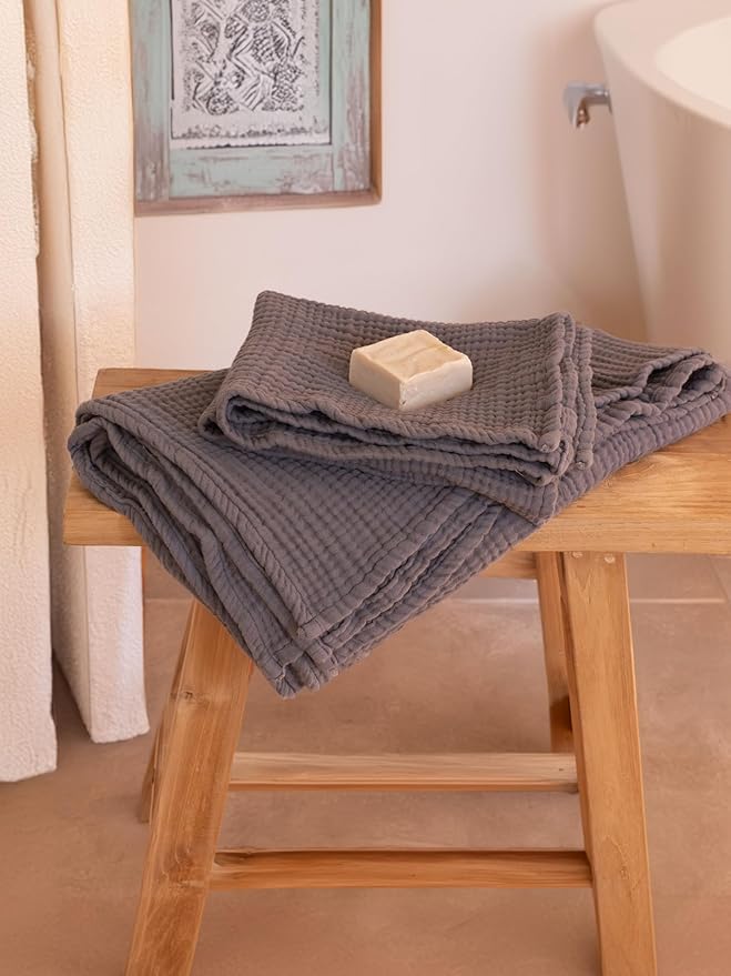 4 Pieces Muslin Towel Set for Bathroom, Luxury 100% Turkish Cotton Thin Soft Quick-Dry Lint-Free Large Size Bath Hand Towel Sets (Dark Gray, 2 Bath & 2 Hand Towel Set)