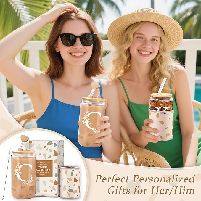 Personalized Gifts for Women, Monogrammed Gifts for Women, Initial 16 oz Glass Cups With Lids and Straws, Customized Mug, Personalized Birthday Gifts Christmas Gifts for Her Mom Friend Woman, C