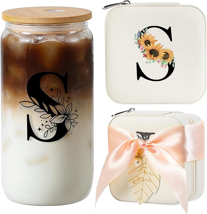 AYGXU Initial glass cups with lids and straws,personalized gifts for women,iced coffee cups,small jewelry box,travel jewelry case organizer,small jewelry travel case,Initial S white