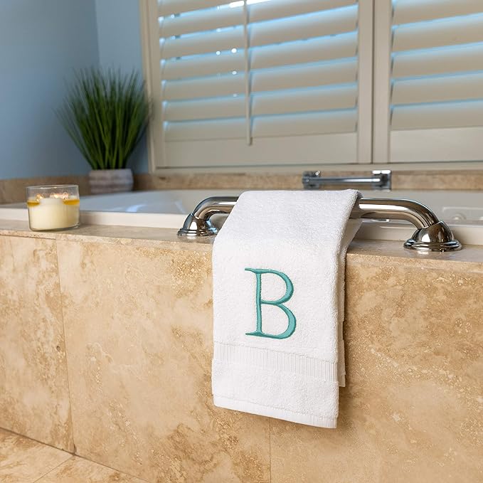 Teal and White Bathroom Hand Towel - Monogrammed Luxury Hotel Quality Decorative Embroidered Towel for Powder Room, Spa - GOTS Organic Certified - Set of 2 Letter B