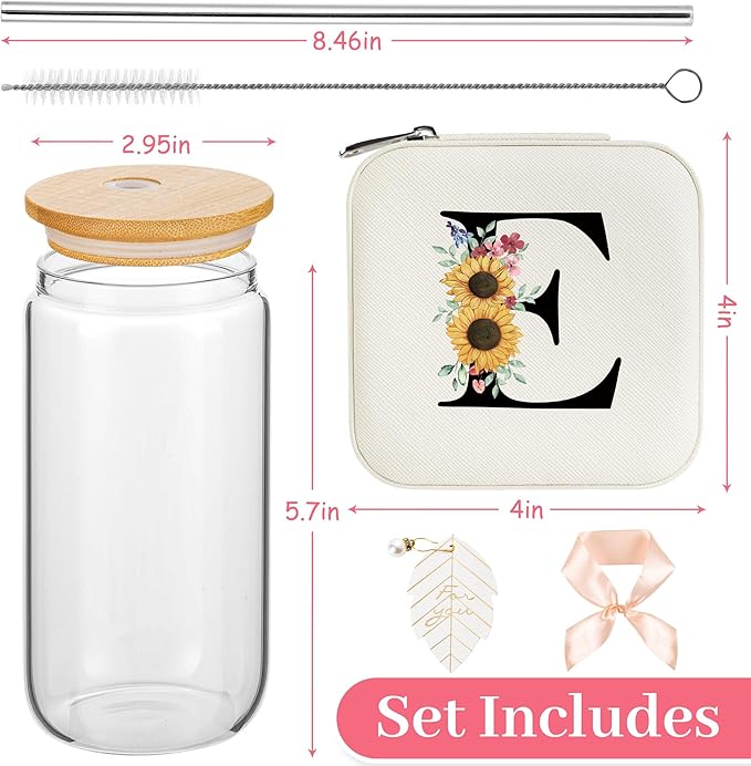AYGXU Travel Jewelry Cases Organizer,Travel Essentials,Travel Gifts for Women Girls,16oz glass cup with bamboo lid and straw,aesthetic glass cup,Cute Tumbler Cup,Teacher Gifts,Initial E white