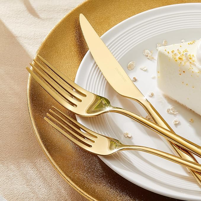 KINGSTONE Silverware Set, 40-Piece Flatware Set Cutlery Set Premium 18/10 Stainless Steel, Tableware Include Forks Knives Spoons for Home Kitchen Restaurant Wedding, Dishwasher Safe, Gold