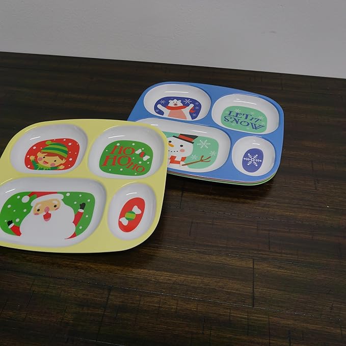4E's Novelty Christmas Dinnerware Divided Plates For Kids (Set of 4) Melamine Plastic BPA Free Sectional Holiday Dinner Plates, Christmas Dishes for Toddlers