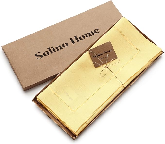 Solino Home Linen Yellow Table Runner 108 Inches Long - 100% Pure Linen 14 x 108 Inch Table Runner - Classic Hemstitch