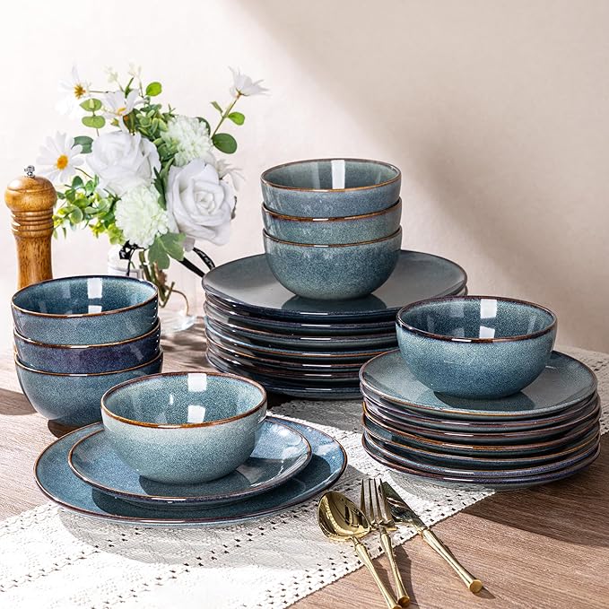 AmorArc Ceramic Dinnerware Sets for 6, 18 Pieces Handpainted Plates and Bowls Set, Scratch Resistant Stoneware Dishes Set, Dishwasher & Microwave Safe, Ceylon Blue