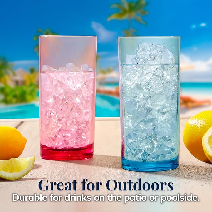 US Acrylic Classic Plastic Reusable Drinking Glasses (Set of 6) 16oz Water Cups Assorted Colors | BPA-Free Tumblers, Made in USA | Top-Rack Dishwasher Safe