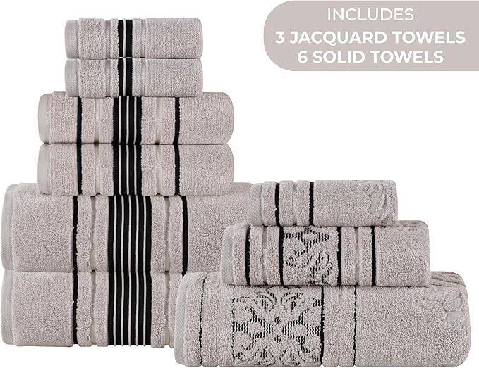 Superior Cotton 9 Piece Assorted Floral Towel Set, Includes 3 Bath, 3 Hand, 3 Washcloth/Face Towels, Quick Dry, Home Essentials, Shower, Spa, Luxury Plush Soft Absorbent Towels, Zero Twist, Platinum