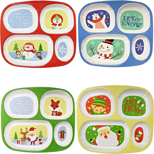 4E's Novelty Christmas Dinnerware Divided Plates For Kids (Set of 4) Melamine Plastic BPA Free Sectional Holiday Dinner Plates, Christmas Dishes for Toddlers