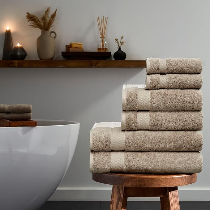 Ozdilek 6-Piece Bath Towel Set, 2 Bath, 2 Hand, 2 Wash, 100% Cotton Turkish Towels, 2 Bath Towels (30x60/550 GSM), 2 Hand Towels (16x30/575 GSM), 2 Washcloths (13x13/600 GSM) (Seahorse Beige)