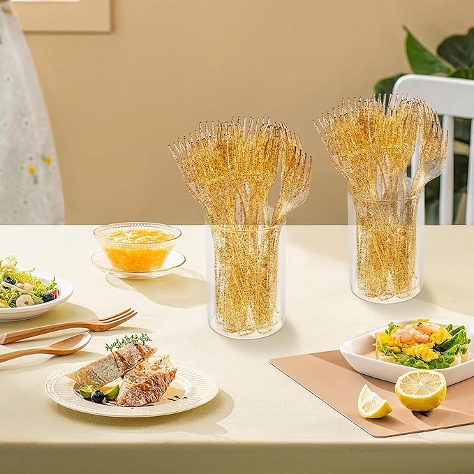 YOUBET 50PCS Gold Glitter Plastic Forks - Heavy Duty Plastic Forks - Solid Durable Gold Glitter Disposable Silverware for Party Picnic Wedding and Daily Use