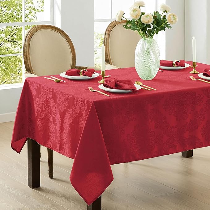 Newbridge Christmas Barcelona Damask Fabric Tablecloth, 60 x 144 Inch Rectangle, Red – No Iron, Soil Resistant Table Cover for Dining, Parties and Holidays