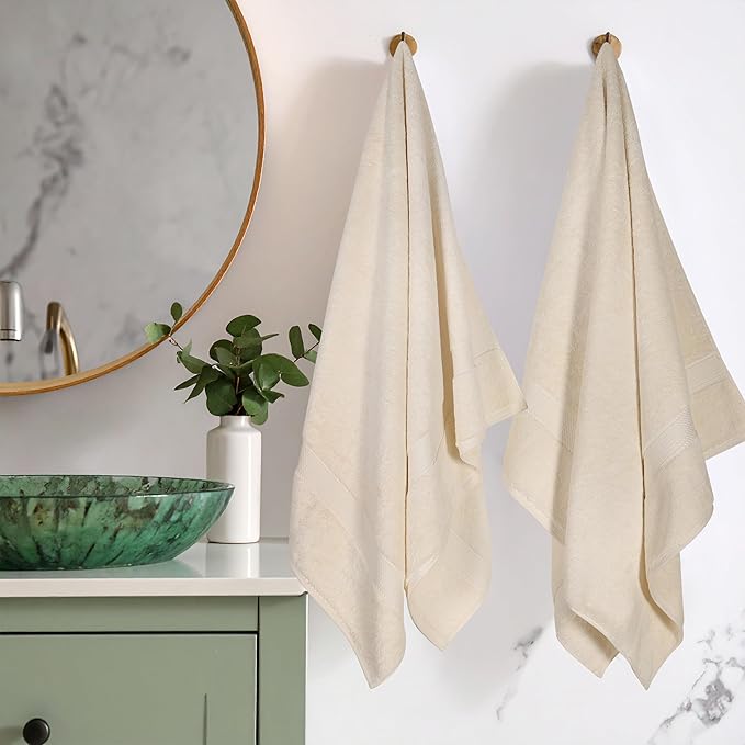 Superior Egyptian Cotton Pile Bath Towel Set of 2, Ultra Soft Luxury Towels, Thick Plush Essentials, Absorbent Heavyweight, Guest Bath, Hotel, Spa, Home Bathroom, Shower Basics, Cream