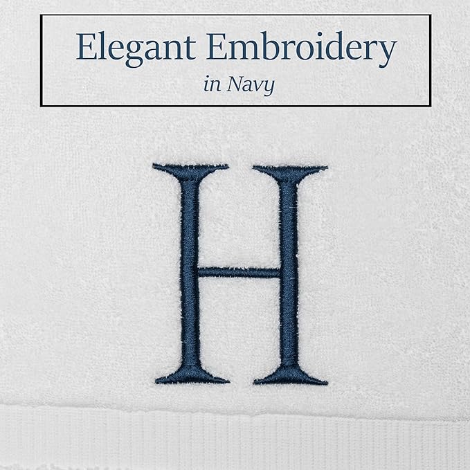 Monogrammed Hand Towels for Bathroom - Luxury Hotel Quality Personalized Initial Decorative Embroidered Bath Towel for Powder Room, Spa - GOTS Organic Certified - Set of 2 Navy Letter H
