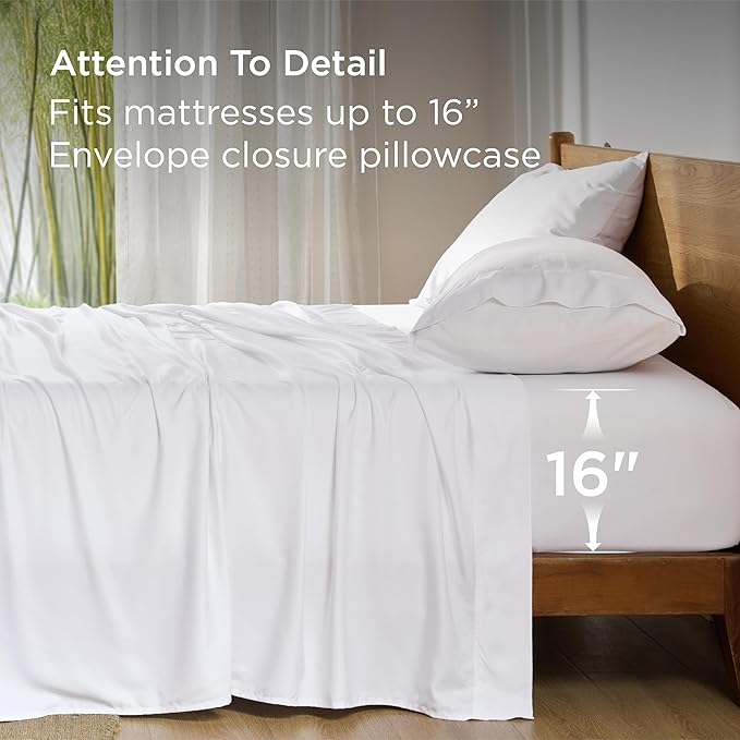 Bedsure Full Size Bed Sheets, Cooling Sheets, Rayon Derived from Bamboo, Deep Pocket Up to 16", Breathable & Soft, Hotel Luxury Silky Bedding for Hot Sleepers, White