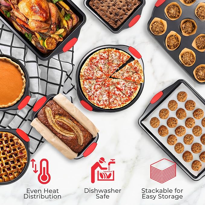 PERLLI Non-Stick 8-Piece Baking Pan Set, BPA-Free Carbon Steel Bakeware Set with Silicone Handles, Stackable Kitchen Oven Set, Cookie Sheet, Baking Tray, Baking Sheet Set, Oven Safe (446°F)