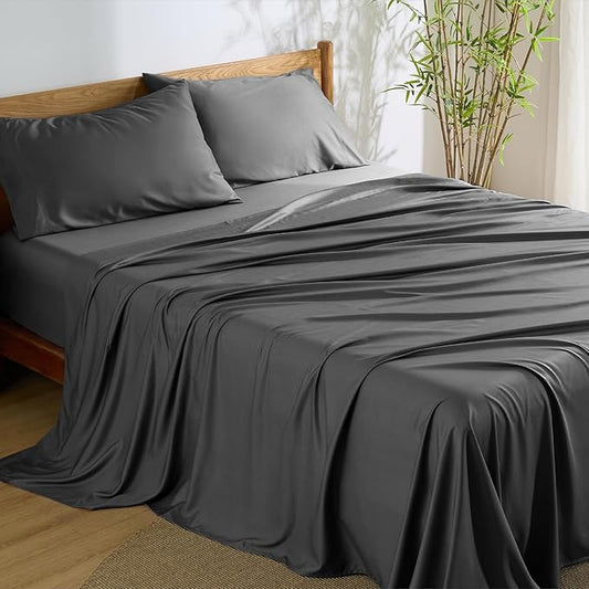 Bedsure King Size Sheets Set, Cooling Sheets for Hot Sleepers, Rayon Derived from Bamboo, Breathable & Soft, Deep Pocket Up to 16 Inches, Hotel Luxury Silky Bedding, Grey
