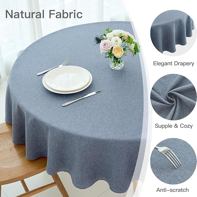 maxmill Round Linen Textured Tablecloth Spill-Proof Stainproof Wrinkle Free Washable Fabric Table Cloth for Circular Table Cover, Dining Room Buffet Banquet Party Holiday Dinner, 70 Inch Demin Blue