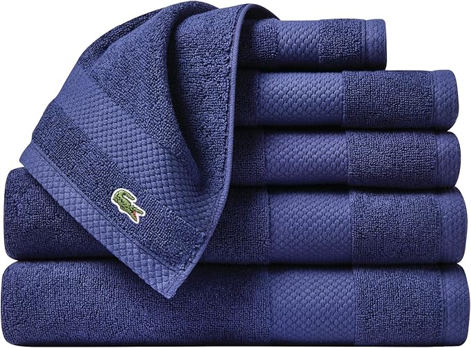 Lacoste Heritage Supima Cotton 6-Piece Towel Set, 2 Bath Towels, 2 Hand Towels, 2 Washcloths, Navy – Highly Absorbent & Quick Drying, Bathroom Essential, Machine Washable