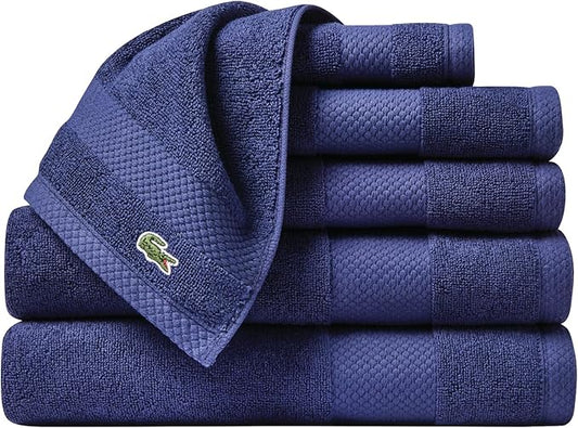 Lacoste Heritage Supima Cotton 6-Piece Towel Set, 2 Bath Towels, 2 Hand Towels, 2 Washcloths, Navy – Highly Absorbent & Quick Drying, Bathroom Essential, Machine Washable