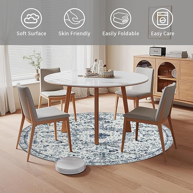 Easy-Going Round Area Rug 3ft Washable Boho Small Circle Rugs for Living Room Non-Slip Bedroom Rug Low Pile Lightweight Floral Print Vintage Throw Rug for Dining Room Kitchen Home Office, Blue Cream