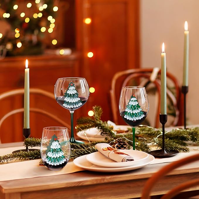 Joeyan Christmas Crystal Balloon Wine Glasses,Hand Painted Large Wine Goblet Glass Cups with Stem,Gin Tonic Cocktail Drinking Glasses with Green Xmas Tree and Snowflakes Patterns,19.5 oz,Set of 2