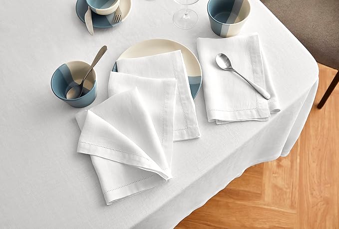 Solino Home White Linen Tablecloth 70 x 144 Inch - 100% Pure Linen Hemstitch Table Cloth for Rectangle Tables - Sonoma Hemstitch, Machine Washable Tablecloth for Valentines, Winter, New Year